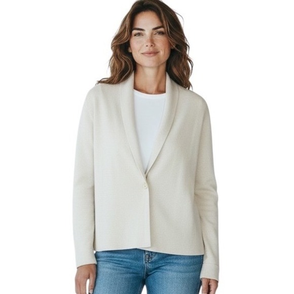 Eileen Fisher Sweaters - EILEEN FISHER Cream Silk‎ Organic Cotton One Button Cardigan Sweater Med Petite